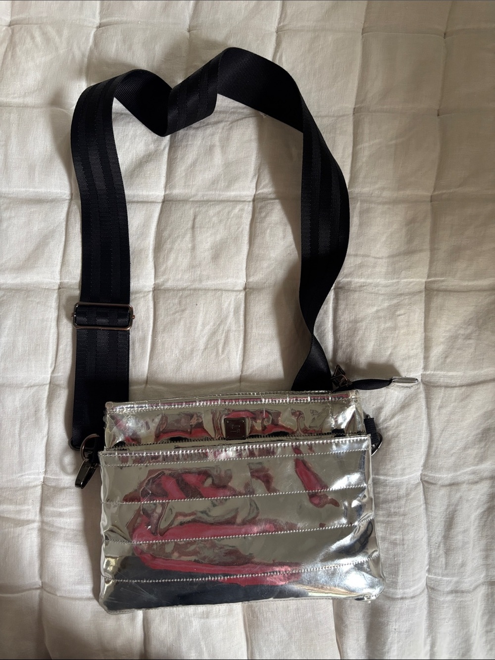 THINK ROYLN Metallic Silver Crossbody with Black Strap